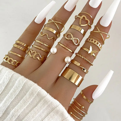 Silver Color Geometric Knuckle Ring Set For Women Artificial Pearl Simple Chain Finger Ring Female Bohemian Jewelry Accessories