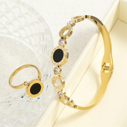 ZAKOL 2 Pcs Fashion Bracelet Rings For Women Black Acrylic Roman Numeral Stainless Steel Couple Bracelet Jewelry Set Gift