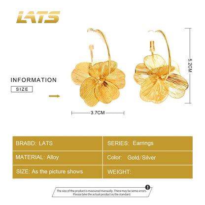 LATS Exaggerate Gold Color Big Flower Hoop Earrings for Women Personality Fashion Ear Hook Metal Charm Jewelry Accessories Gifts