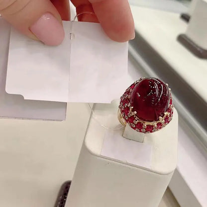 585 Purple Gold Plated 14K Rose Gold Inlaid Oval Ruby Rings for Women Adjustable Luxury Exaggerated Punk Wedding Jewelry