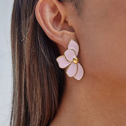 Uworld Fashion Trend 18K Gold Color Plated Stainless Steel Pink Drip Oil Flower Earrings Geometric Ear Studs Women's Accessories