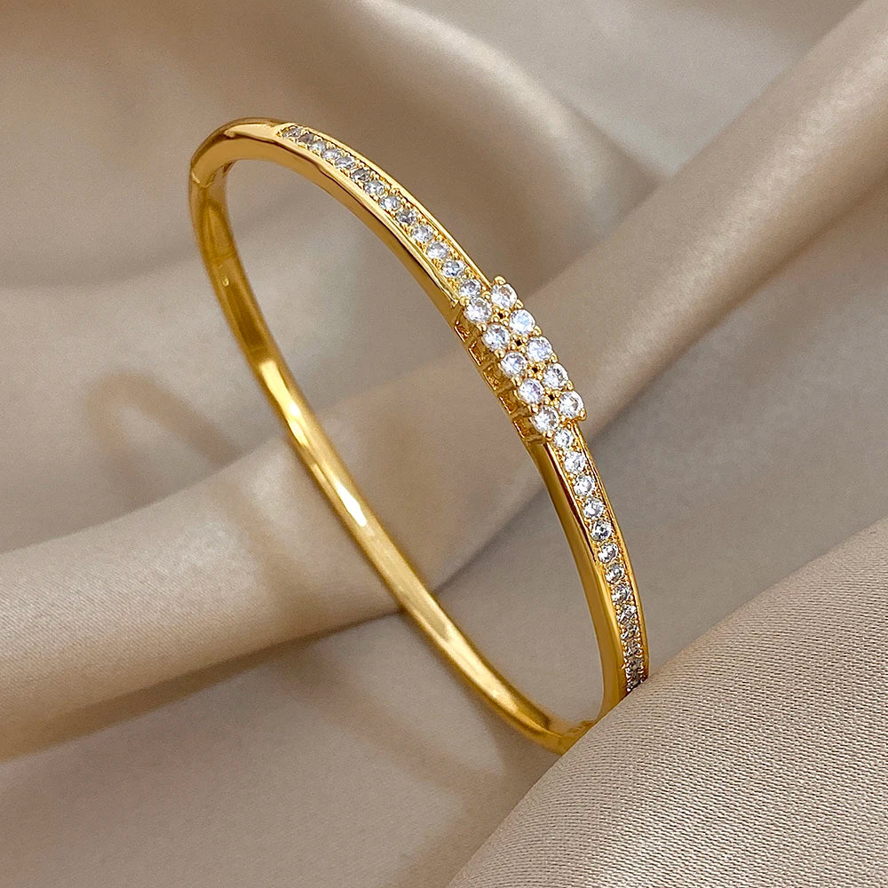Flashbuy Gold Color Chic Inlaid Zircon Copper Bangle Bracelet For Women Statement New Design Temperament Wrist Fashion Jewelry