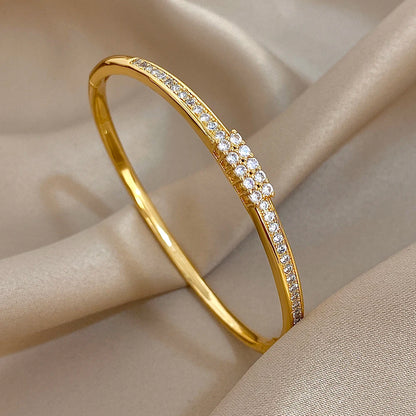 Flashbuy Gold Color Chic Inlaid Zircon Copper Bangle Bracelet For Women Statement New Design Temperament Wrist Fashion Jewelry