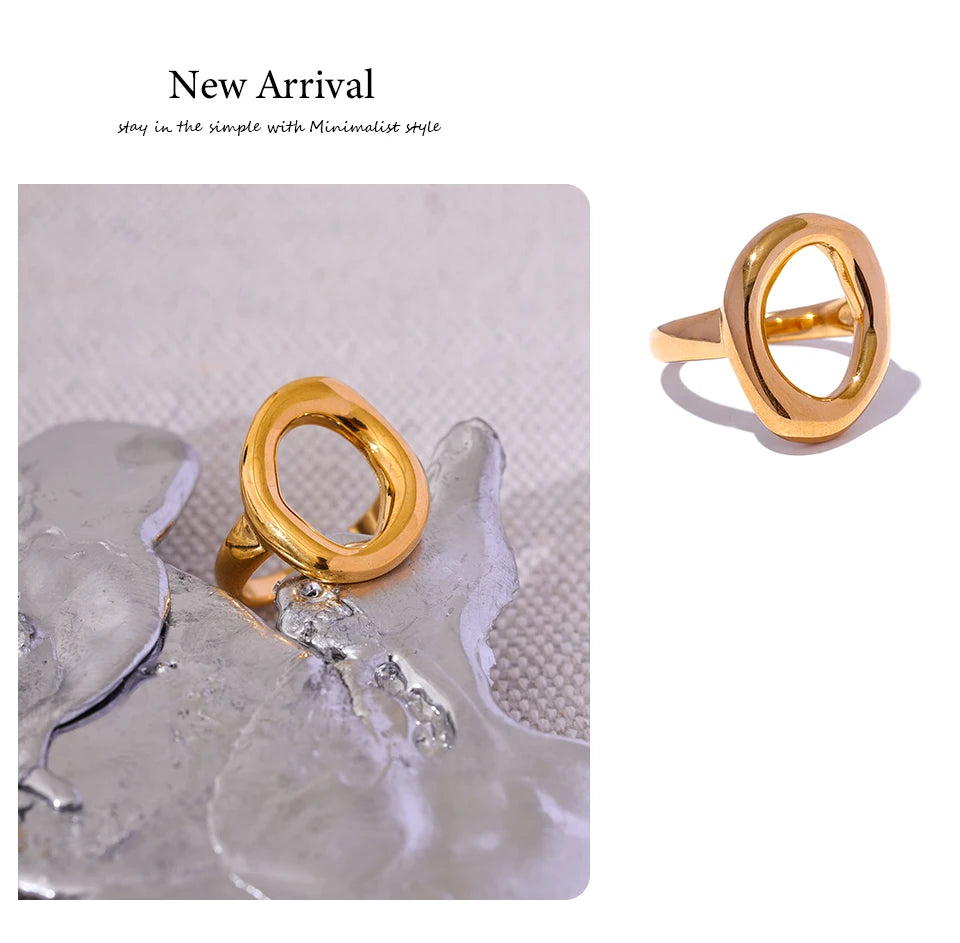 Yhpup Creative Stainless Steel Geometric Hollow Golden Minimalist Ring Fashion Waterproof Unusual Trendy Textured Jewelry