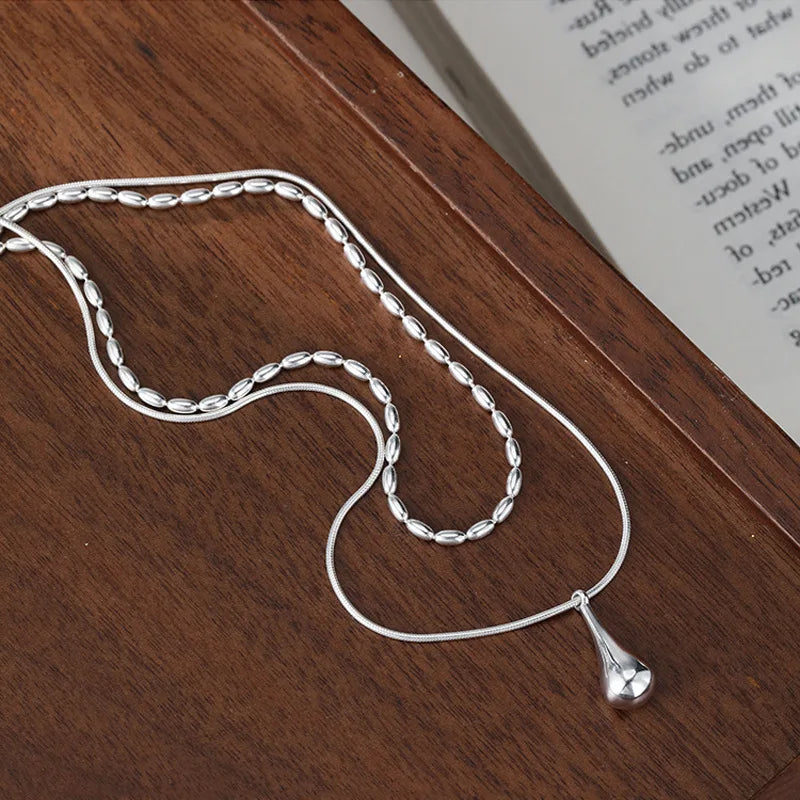 LATS Silver Color Simple Design Long Drop Pendant Necklace for Women Double-layered Clavicle Chain Fashion Jewelry Gifts