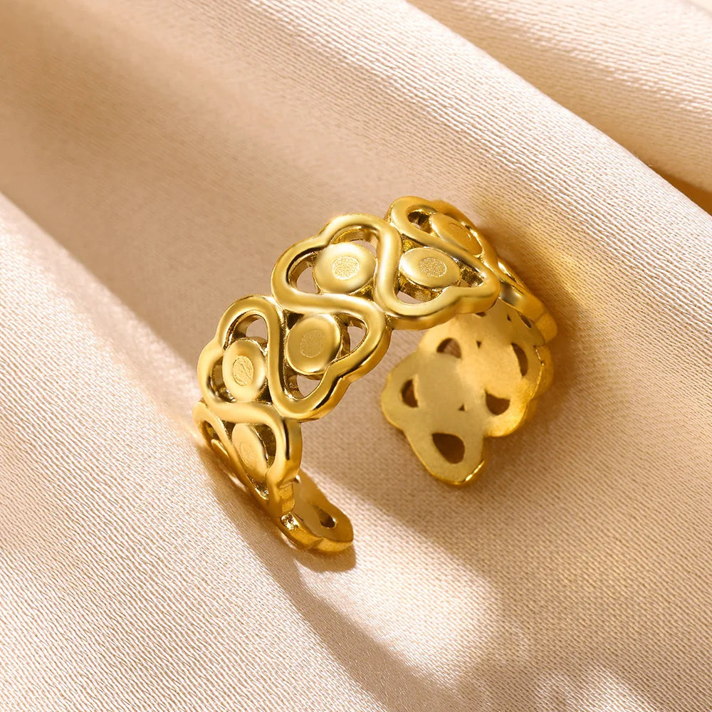 Stainless Steel Rings for Women Gold Color Couple Jewelry Aesthetic Accessorie Adjustable Punk Embossed Hollow Ring