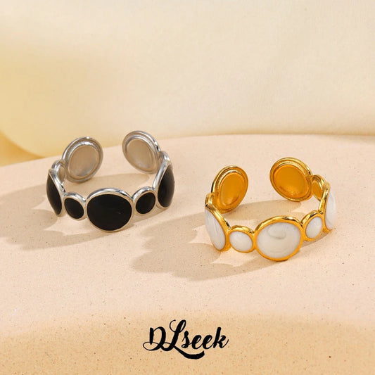 DLseek Round Black White Drip Oil Rings for Women Fashion Open Adjustable Gold Plated Stainless Steel Ring Charms Jewelry Gifts