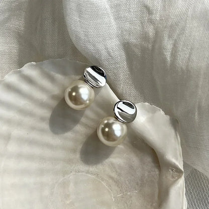 LATS New French Elegant Gold Color Bean Spliced Flat Pearl Earrings for Korean Fashion Jewelry Party Women's Sweet Accessories