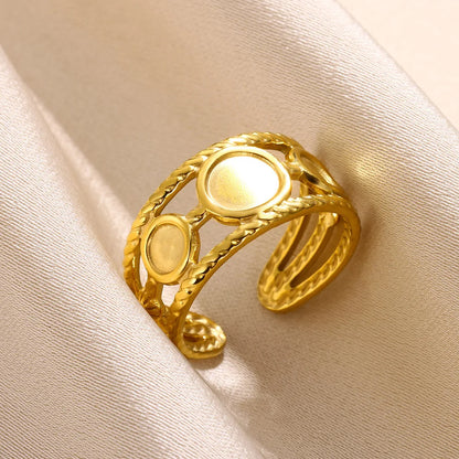 Stainless Steel Rings for Women Gold Color Couple Jewelry Aesthetic Accessorie Adjustable Punk Embossed Hollow Ring