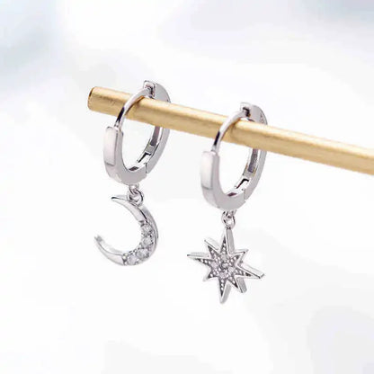Simple Zircon Star Moon Planet Stud Earrings for Women Gold/Silver Color Asymmetry Ear Pendants Fashion Jewelry