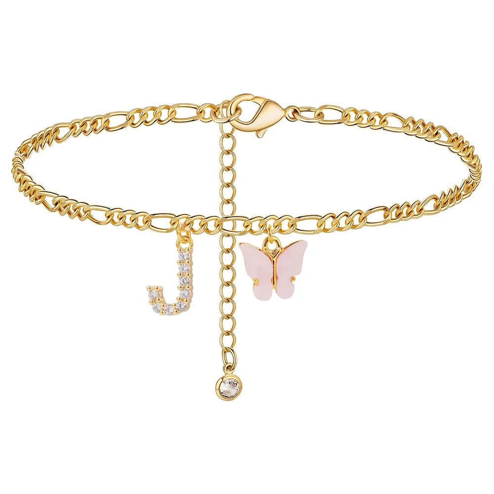 Butterfly Cuban Link Anklet A-Z Letter Initial Anklets Bracelet for Women Stainless Steel Beach Leg Foot Chains Wholesale 2024