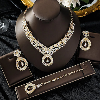 5-piece bridal jewelry set for women, exaggerated retro luxury crystal necklace, earrings and headdress set