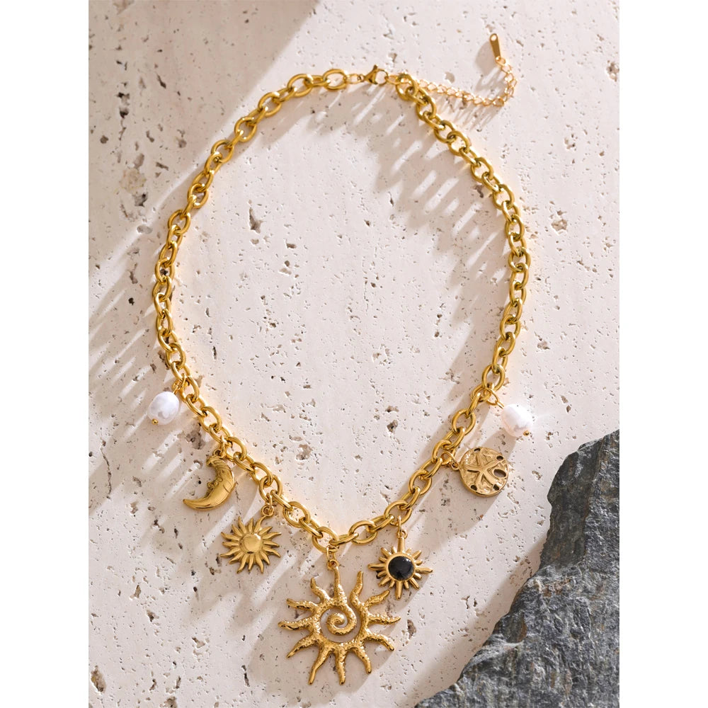 Yhpup Trendy Starfish Moon Sun Shaped Pendant Charm Necklace Statement Stainless Steel Golden Chain Fashion Jewelry PVD Plated
