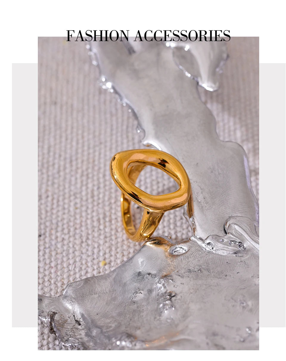 Yhpup Creative Stainless Steel Geometric Hollow Golden Minimalist Ring Fashion Waterproof Unusual Trendy Textured Jewelry