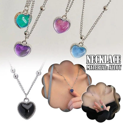 Thermochromic Mood Heart Pendant Necklace Korean Temperature Color Change Necklace Sensitive Stone Clavicle Chain Lover Jewelry