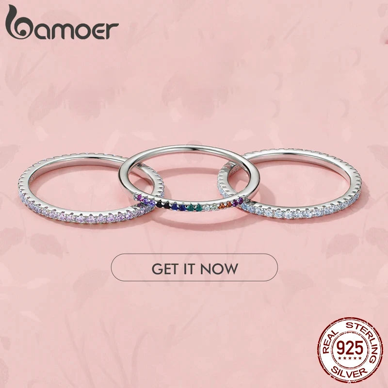 BAMOER 925 Sterling Silver Full pave CZ Simulated Diamond Stackable Ring, Women Gold Plated Engagement Wedding Eternity Bands