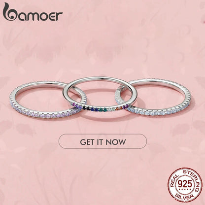 BAMOER 925 Sterling Silver Full pave CZ Simulated Diamond Stackable Ring, Women Gold Plated Engagement Wedding Eternity Bands