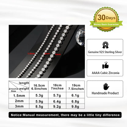 Rinntin Shiny Tennis Bracelet 925 Sterling Silver 1.5/2/3mm Clear Cubic Zirconia for Women Luxury Chain Bracelet Jewelry SB143