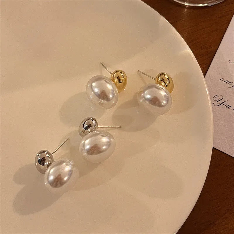 LATS New French Elegant Gold Color Bean Spliced Flat Pearl Earrings for Korean Fashion Jewelry Party Women's Sweet Accessories