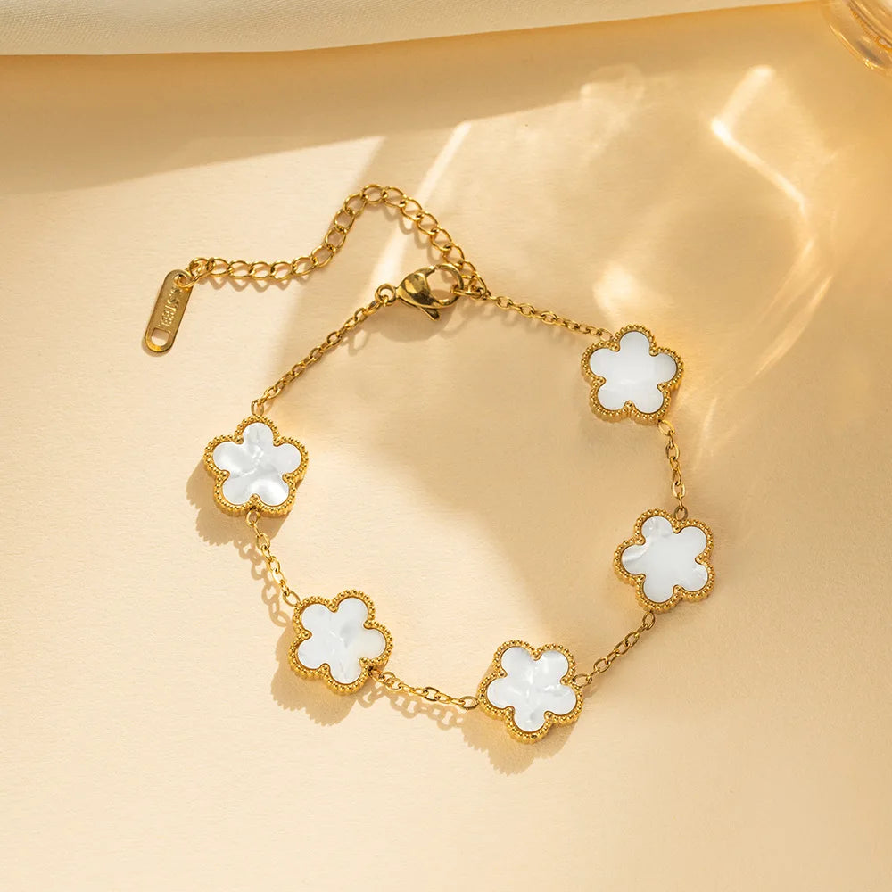 IFYOUOO Stainless Steel Bracelet Double Sided Bracelets Five Leaf Petals Flower Gold Plated Clover Women Fashion Jewely