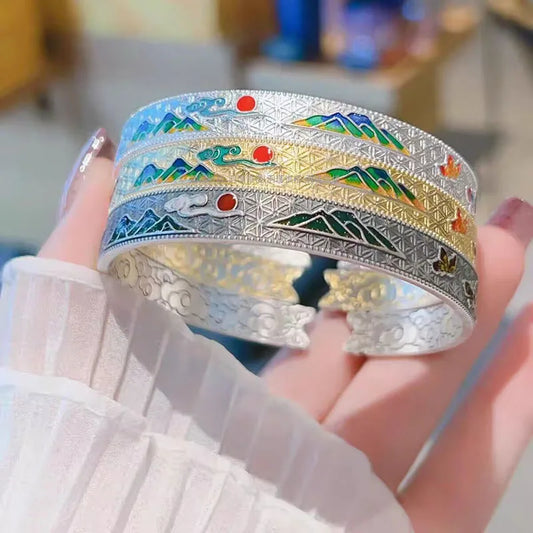 Vintage glossy picturesque colored enamel bracelet 925 silver exquisite carved embossed design flower banquet jewelry gift