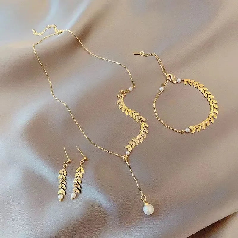 New Simple Wheat Ear Pearl Bracelet Necklace Earrings Jewelry Set for Women Lucky Gold Color Bracelet Charm Jewelry Necklaces