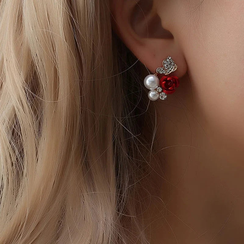Fashion Red Rose Rhinestone Stud Earrings For Women Butterfly Angel Wings Pearl Flowers Earring Bride Wedding Engagement Jewelry