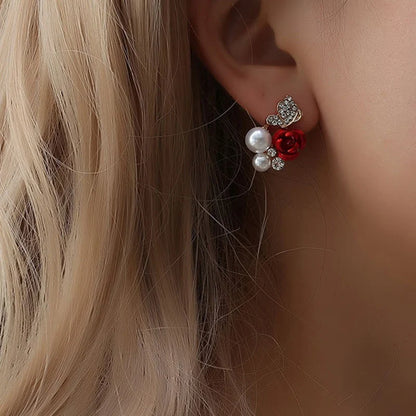 Fashion Red Rose Rhinestone Stud Earrings For Women Butterfly Angel Wings Pearl Flowers Earring Bride Wedding Engagement Jewelry