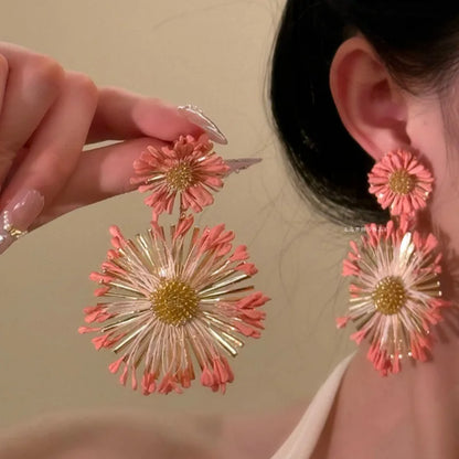New Colorful Sun Flower Raffia Bead Earrings For Women Girl Handmade Bohemian Rattan Knit Earrings Summer Party Jewelry Gifts