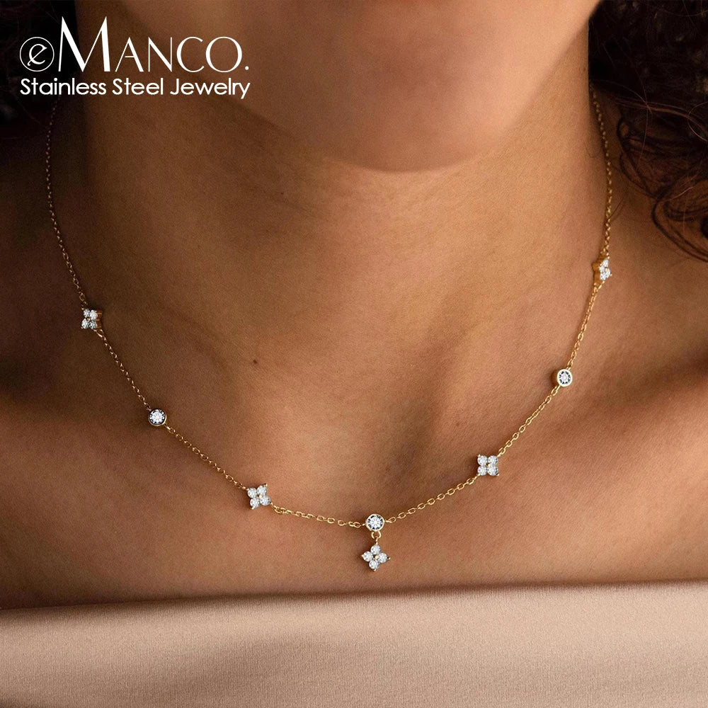 eMancoStainless Steel  Plated 14K Gold Sparkling Zircon Flower Necklace for Women Girl Exquisite Party Jewelry Gifts