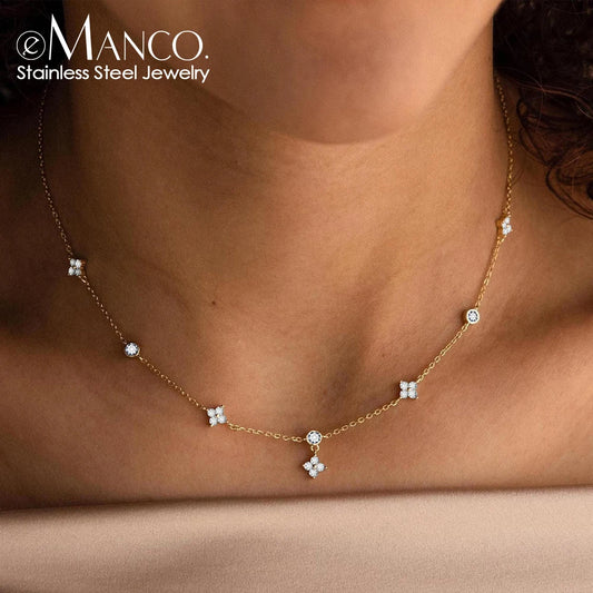 eMancoStainless Steel  Plated 14K Gold Sparkling Zircon Flower Necklace for Women Girl Exquisite Party Jewelry Gifts