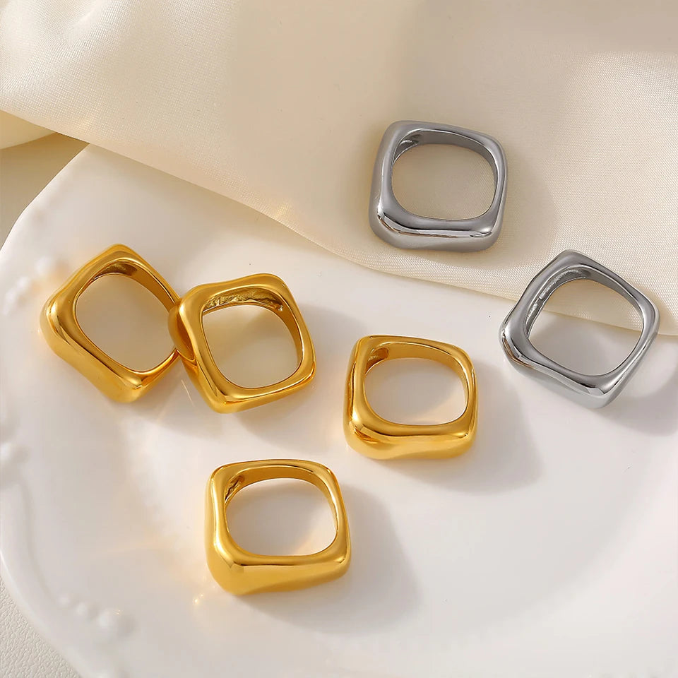 Simple Irregular Square Rings For Women Stainless Steel 18k Gold PVD Plated Waterproof Women's Glossy Ring Couples Jewelry Gift