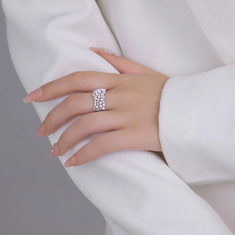 925 Sterling Silver Zircon Pearl Round Rings for Women Minimalist Trendy Light Luxury Fine Jewelry Opening Accessories