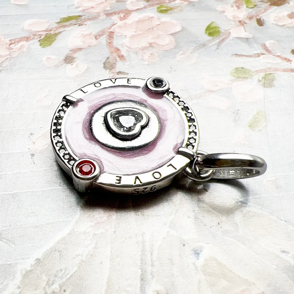 Pendant Pink Love Heart Round Disc Brand New Fine Jewelry 925 Sterling Silver Accessories Romantic Gift For Woman