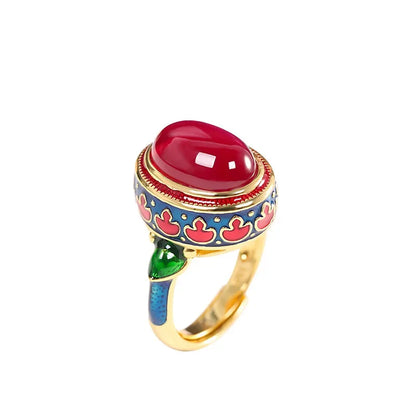 Original ancient gold craftsmanship natural carnelian rings for women flower enamel national style light luxury Wedding jewelry