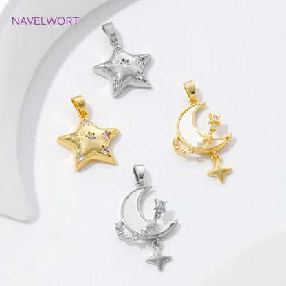 Pendants For Necklace Accessories 18K Gold Plated Brass Inlaid Zircon Moon/Star Charm Pendant DIY Jewelry Making Supplies
