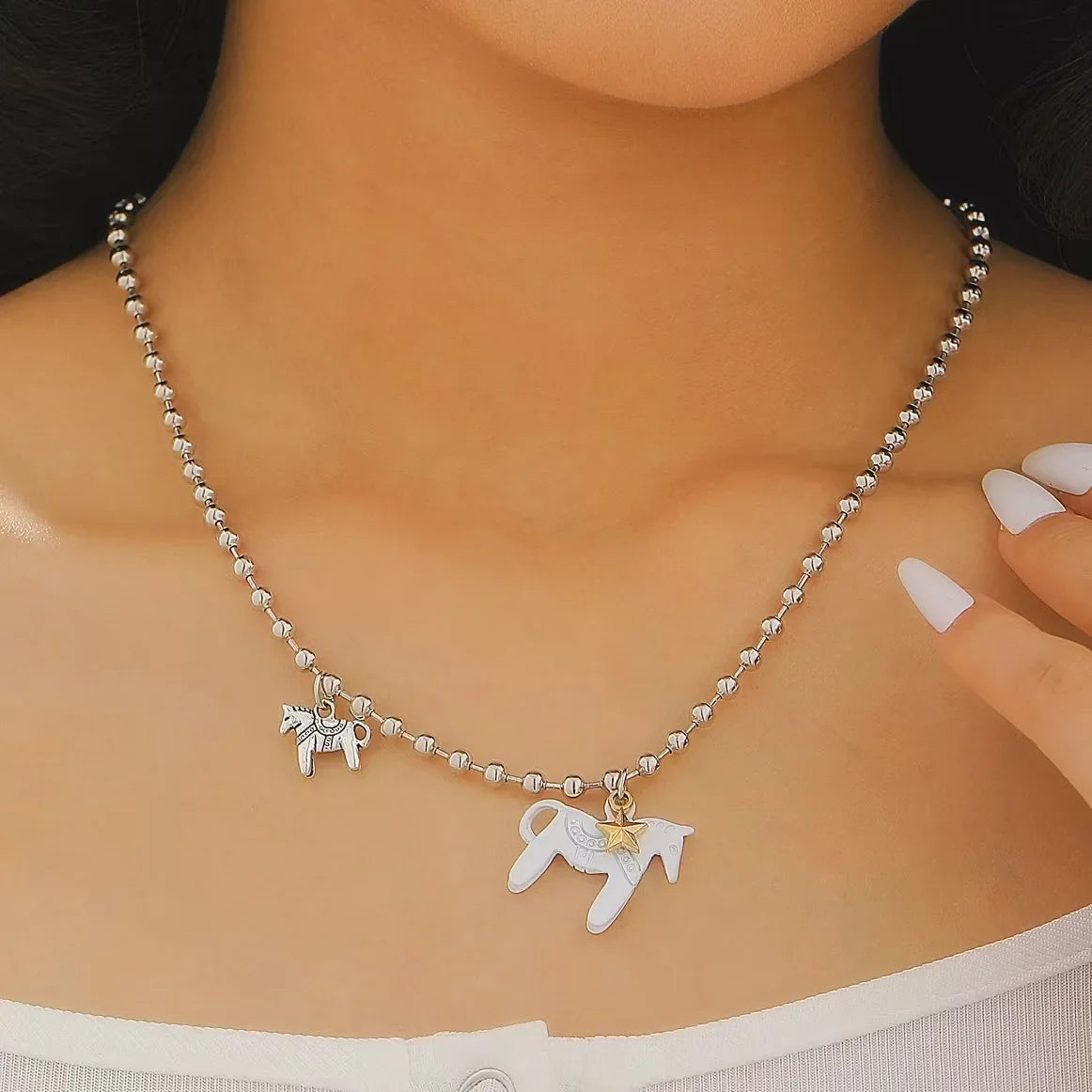 LATS Funny Cute White Black Pink Color Enamel Colt Horse Pendant Necklaces for Women Alloy Beads Chain Chokers Fashion Jewelry