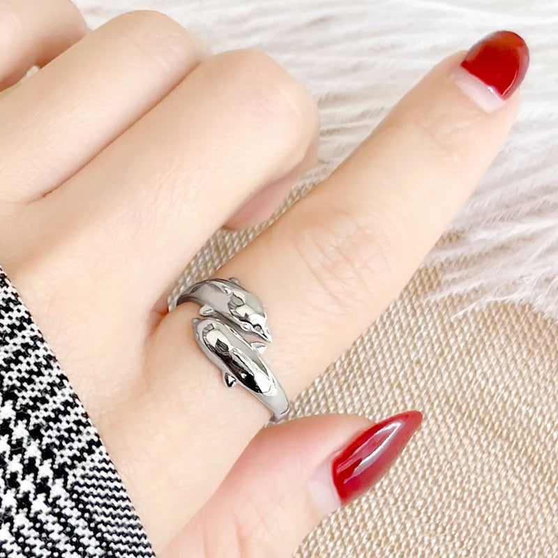 Trumium 100% 925 Silver Ring Trendy Double Dolphin rings for Women Girl Finger Fine Jewelry Women Open No Fade Whosales