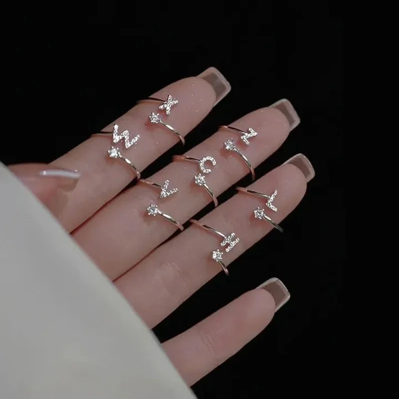LATS Zircon Initial A-Z Letter Rings for Women Girl Adjustable Opening Ring Name Alphabet Female Wedding Fashion Jewelry Gift