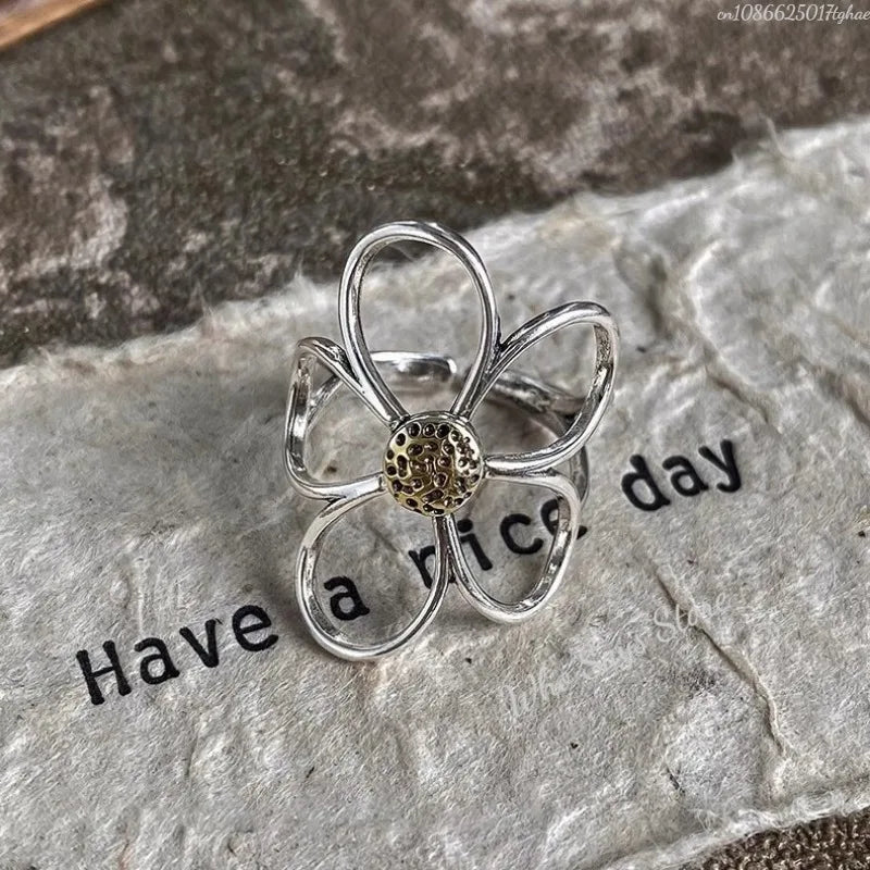 Sterling Silver Rings for Women Couple Minimalist Handmade Simple Big Flower Ring Party Jewelry Gift Prevent Allergy