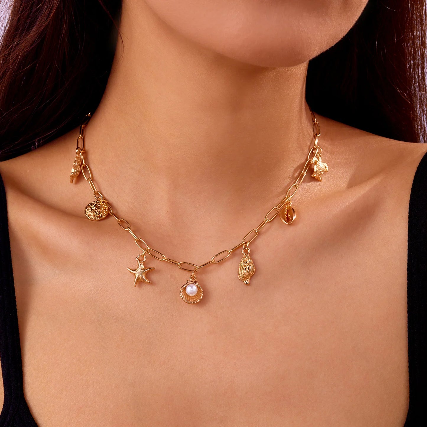 Fashion Gold Color Starfish Conch Turtle Pendant Necklace for Women Handmade Shell Chain Necklace Summer Beach Party Jewelry