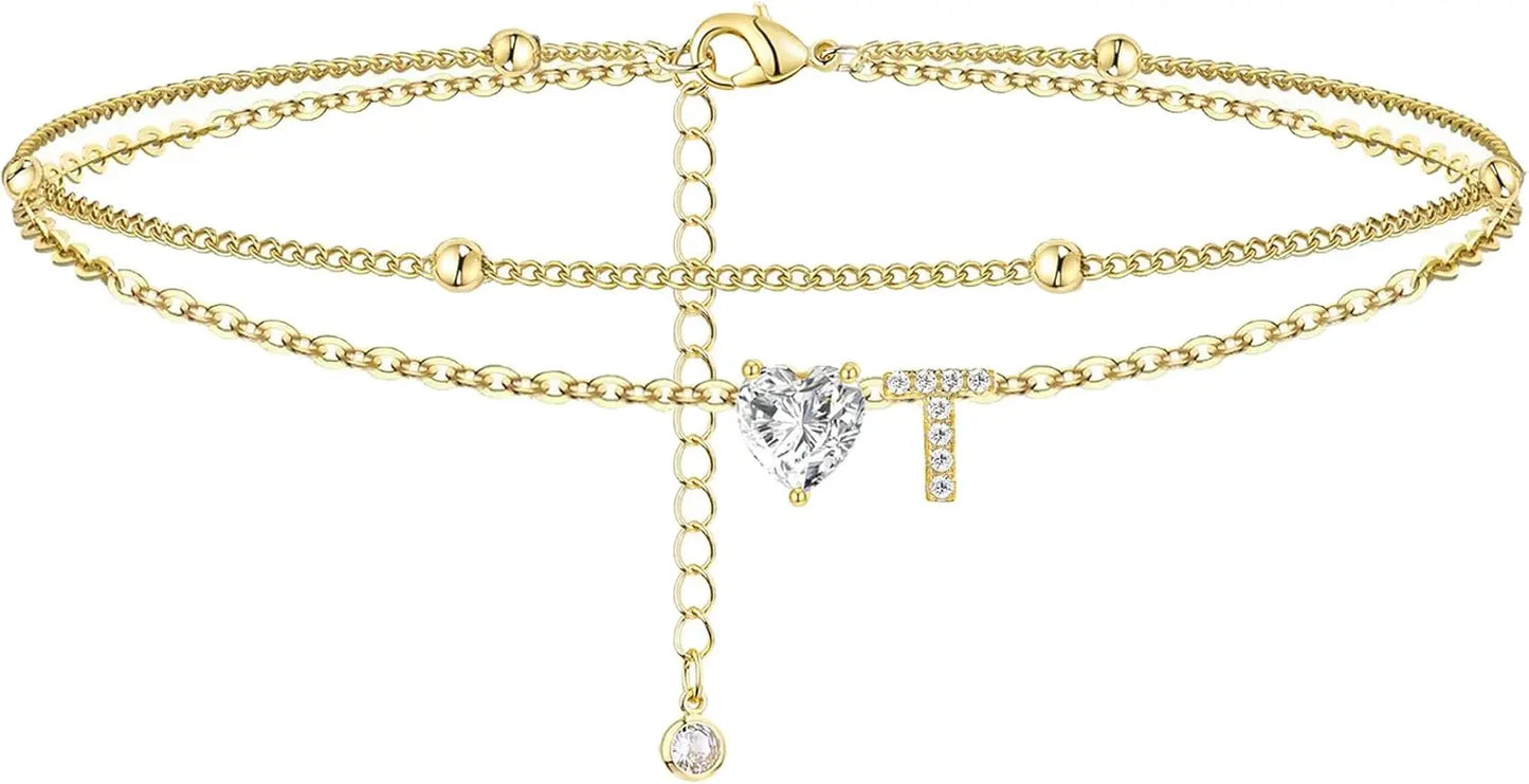 Ankle Bracelets for Women Waterproof 14K Gold Plated CZ Initial Dainty Layered Heart Anklets Foot Chain Summer Beach Jewelry
