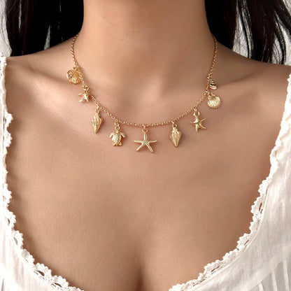 Fashion Gold Color Starfish Conch Turtle Pendant Necklace for Women Handmade Shell Chain Necklace Summer Beach Party Jewelry
