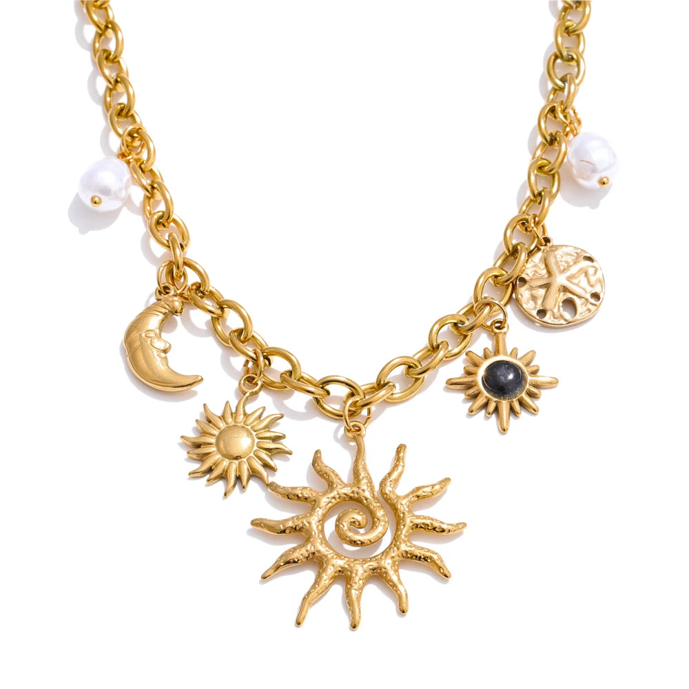 Yhpup Trendy Starfish Moon Sun Shaped Pendant Charm Necklace Statement Stainless Steel Golden Chain Fashion Jewelry PVD Plated