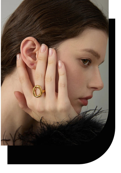 Yhpup Creative Stainless Steel Geometric Hollow Golden Minimalist Ring Fashion Waterproof Unusual Trendy Textured Jewelry