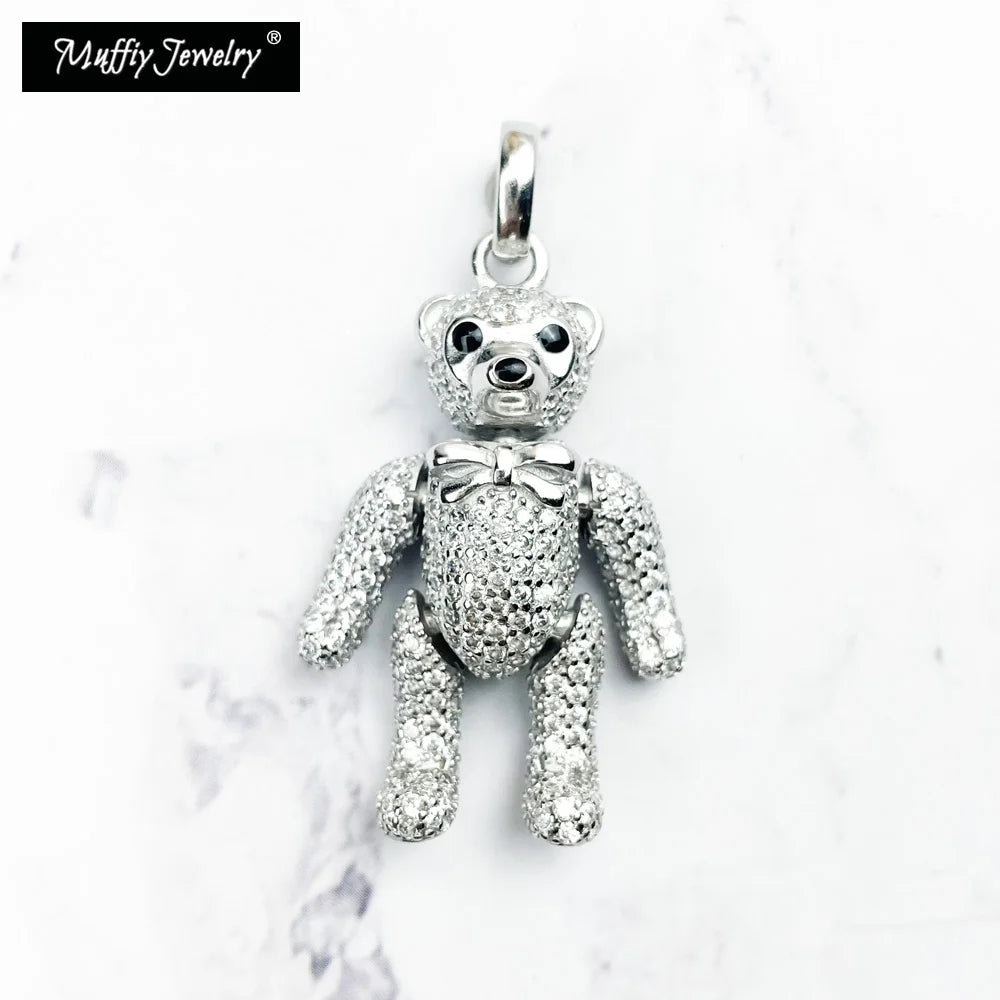 Pendant Teddy Bear Rotatable Limbs & Head 925 Sterling Silver With White Zirconia Fine Romantic Jewelry Trendy Gift For Woman