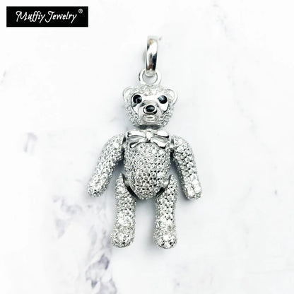 Pendant Teddy Bear Rotatable Limbs & Head 925 Sterling Silver With White Zirconia Fine Romantic Jewelry Trendy Gift For Woman
