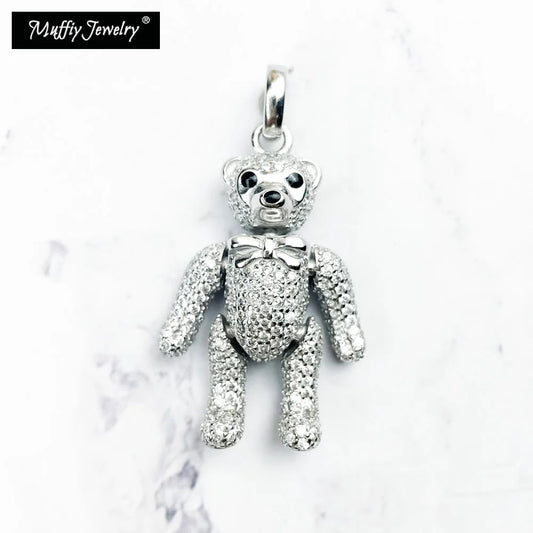 Pendant Teddy Bear Rotatable Limbs & Head 925 Sterling Silver With White Zirconia Fine Romantic Jewelry Trendy Gift For Woman
