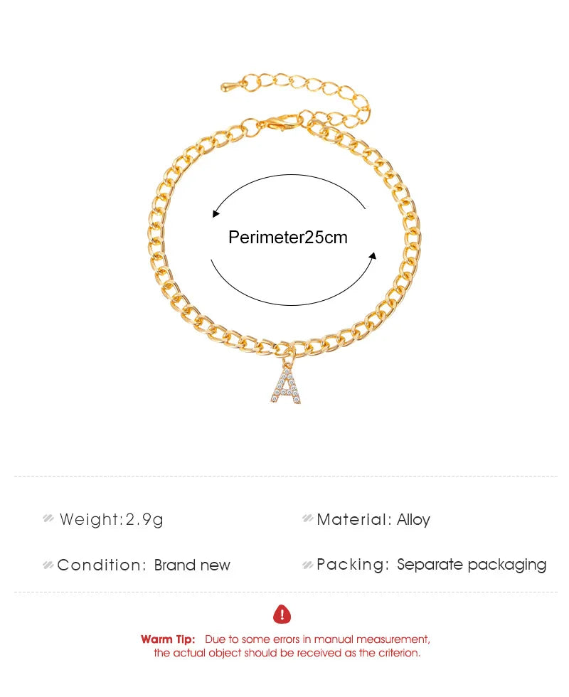Crystal Initial Letter Anklets For Women Alphabet Cuban Link Foot Chain Beach Leg Chain Bracelets Boho Tiny Zircon Jewelry Gift