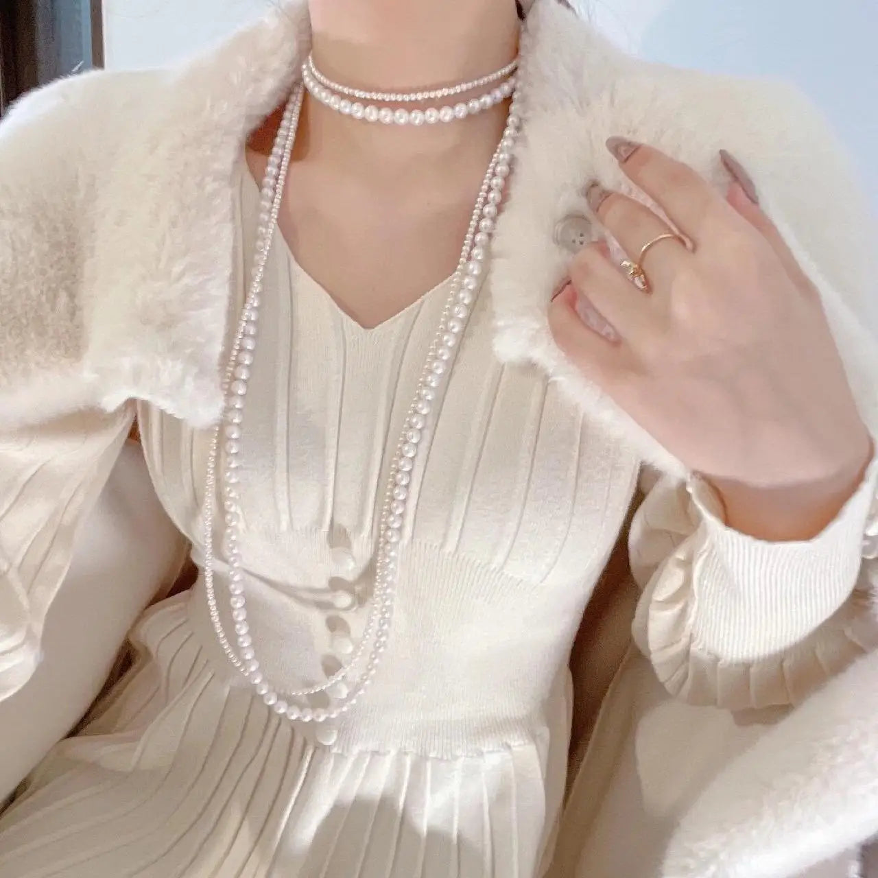 New Pearl Necklace Women Long Dress Accessories Double Layered Sweater Chain Light Luxury Necklace N1373